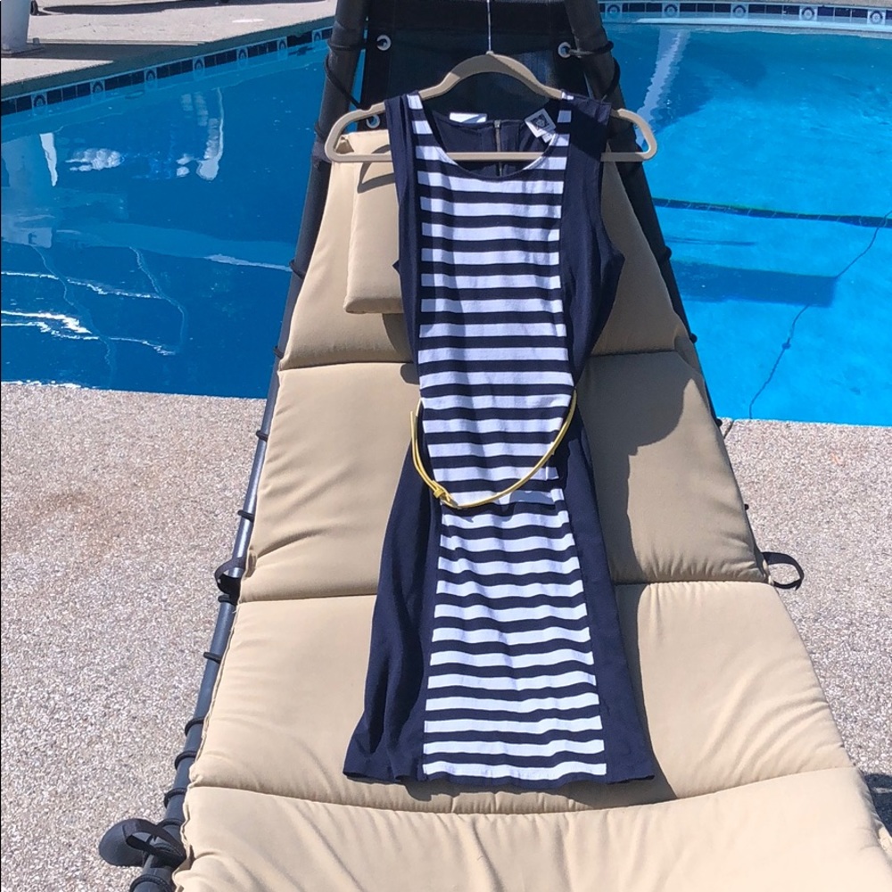 Ann Klein sleeveless navy w/ white stripes dress S